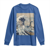 Funny Bigfoot Water Skiing Behind Nessie Long Sleeve Shirt Ukiyoe Inspired Wave Art