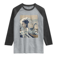 Funny Bigfoot Water Skiing Behind Nessie Raglan Shirt Ukiyoe Inspired Wave Art