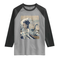 Funny Bigfoot Water Skiing Behind Nessie Raglan Shirt Ukiyoe Inspired Wave Art