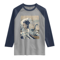 Funny Bigfoot Water Skiing Behind Nessie Raglan Shirt Ukiyoe Inspired Wave Art