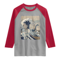 Funny Bigfoot Water Skiing Behind Nessie Raglan Shirt Ukiyoe Inspired Wave Art