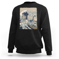 Funny Bigfoot Water Skiing Behind Nessie Sweatshirt Ukiyoe Inspired Wave Art