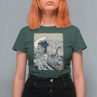 Funny Bigfoot Water Skiing Behind Nessie T Shirt For Women Ukiyoe Inspired Wave Art