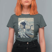 Funny Bigfoot Water Skiing Behind Nessie T Shirt For Women Ukiyoe Inspired Wave Art