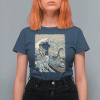 Funny Bigfoot Water Skiing Behind Nessie T Shirt For Women Ukiyoe Inspired Wave Art