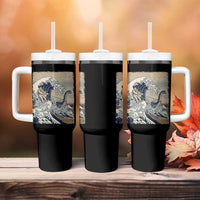 Funny Bigfoot Water Skiing Behind Nessie Tumbler With Handle Ukiyoe Inspired Wave Art