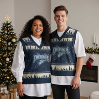 Cherokee Native American Heritage V-Neck Knit Sweater Vest Blue Feather Filigree Typography