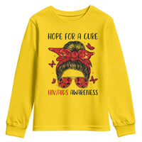 Hope For A Cure HIV Awareness Youth Sweatshirt Strong Woman Red Ribbon Gift - Wonder Print Shop
