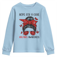Hope For A Cure HIV Awareness Youth Sweatshirt Strong Woman Red Ribbon Gift - Wonder Print Shop