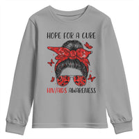 Hope For A Cure HIV Awareness Youth Sweatshirt Strong Woman Red Ribbon Gift - Wonder Print Shop