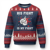 His Fight Is My Fight HIV Warrior Ugly Christmas Sweater Red Ribbon Boxing Gift - Wonder Print Shop