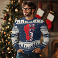 His Fight Is My Fight Ugly Christmas Sweater Red Ribbon HIV Awareness Boxing Gift - Wonder Print Shop