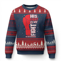 His Fight Is My Fight Ugly Christmas Sweater Red Ribbon HIV Awareness Boxing Gift - Wonder Print Shop
