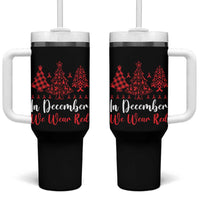 In December We Wear Red Tumbler With Handle HIV Awareness Christmas Ribbon Tree Gift - Wonder Print Shop