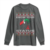 Funny Know Your Status Green Hand Long Sleeve Shirt Red Ribbon HIV Ugly Sweater Gift - Wonder Print Shop