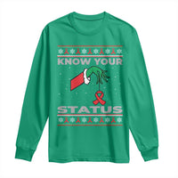 Funny Know Your Status Green Hand Long Sleeve Shirt Red Ribbon HIV Ugly Sweater Gift - Wonder Print Shop