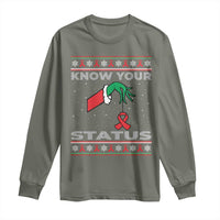 Funny Know Your Status Green Hand Long Sleeve Shirt Red Ribbon HIV Ugly Sweater Gift - Wonder Print Shop