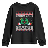 Know Your Status HIV Awareness Gift Youth Sweatshirt Ugly Sweater Green Hand Red Ribbon - Wonder Print Shop