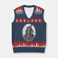 Vintage Gothic Skull Warrior V-Neck Knit Sweater Vest Native American Feather Chief