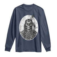 Vintage Gothic Skull Warrior Long Sleeve Shirt Native American Feather Chief
