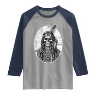 Vintage Gothic Skull Warrior Raglan Shirt Native American Feather Chief
