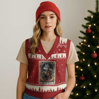 Sitting Bull Native American Chief V-Neck Knit Sweater Vest Vintage Tarot Card Illustration
