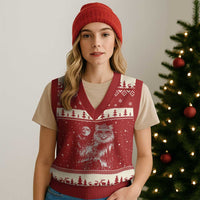Vintage Geek Princess Cat V-Neck Knit Sweater Vest Full Moon Engraving Art Gift