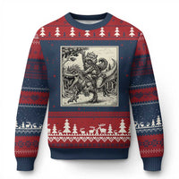 Cool Royal Cat Riding Dinosaur Ugly Christmas Sweater Rock N Roll Engraving Graphic Art