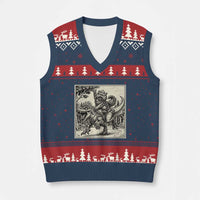 Cool Royal Cat Riding Dinosaur V-Neck Knit Sweater Vest Rock N Roll Engraving Graphic Art