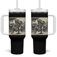 Cool Royal Cat Riding Dinosaur Tumbler With Handle Rock N Roll Engraving Graphic Art