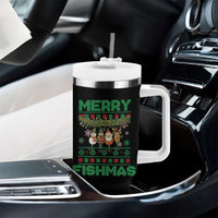 Merry Fishmas Ugly Sweater Tumbler With Handle Funny Fishing Holiday Gift