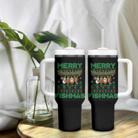 Merry Fishmas Ugly Sweater Tumbler With Handle Funny Fishing Holiday Gift