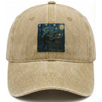 Funny Bigfoot Painting Starry Night Art Parody Gift Washed Cotton Baseball Cap