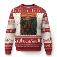 Funny Bigfoot And Alien Ugly Christmas Sweater Parody The Scream Art Meme Gift - Wonder Print Shop