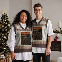 Funny Bigfoot And Alien V-Neck Knit Sweater Vest Parody The Scream Art Meme Gift - Wonder Print Shop