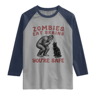 Funny Bigfoot And Black Cat Raglan Shirt Zombies Eat Brains Dont Worry You Are Safe