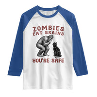 Funny Bigfoot And Black Cat Raglan Shirt Zombies Eat Brains Dont Worry You Are Safe