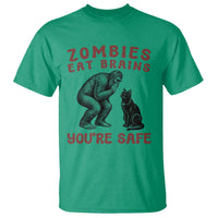 Funny Bigfoot And Black Cat T Shirt Zombies Eat Brains Dont Worry You Are Safe