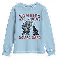 Funny Bigfoot And Black Cat Youth Sweatshirt Zombies Eat Brains Dont Worry You Are Safe