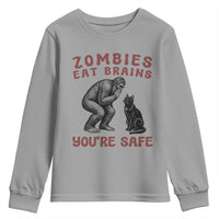 Funny Bigfoot And Black Cat Youth Sweatshirt Zombies Eat Brains Dont Worry You Are Safe