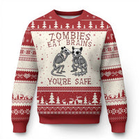 Funny Opossum Raccoon Skeleton Ugly Christmas Sweater Zombies Eat Brains Dont Worry You Are Safe