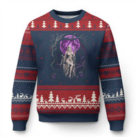Mystical Ghost Girl Halloween Ugly Christmas Sweater Gothic Purple Moon Haunted Castle Art