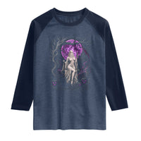 Mystical Ghost Girl Halloween Raglan Shirt Gothic Purple Moon Haunted Castle Art
