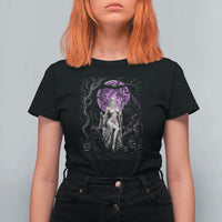Mystical Ghost Girl Halloween T Shirt For Women Gothic Purple Moon Haunted Castle Art