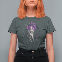 Mystical Ghost Girl Halloween T Shirt For Women Gothic Purple Moon Haunted Castle Art
