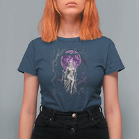Mystical Ghost Girl Halloween T Shirt For Women Gothic Purple Moon Haunted Castle Art
