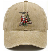 Santa Fishing Chritsmas Washed Cotton Baseball Cap Funny Fisherman Xmas