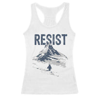 Funny Penguin Protest Racerback Tank Top Resist Penguin Mountain Hiking Meme