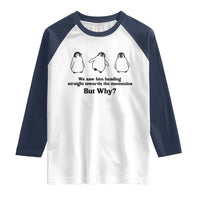 But Why Penguin Raglan Shirt Trendy Nihilist Sad Penguin Mountains Meme