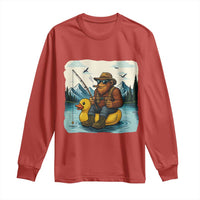 Funny Bigfoot Fishing Long Sleeve Shirt Sasquatch Sitting Rubber Duckie Cruise - Wonder Print Shop
